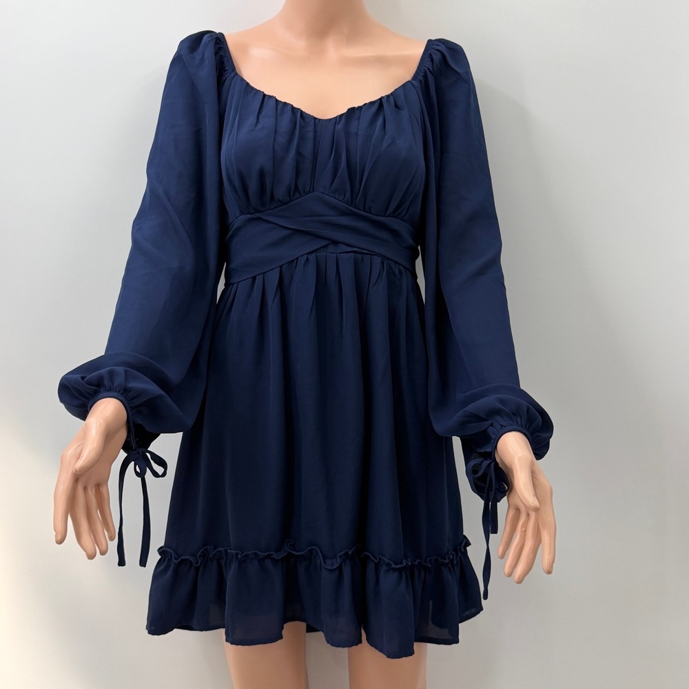 Boutique Navy Blue Milkmaid Ruffle Hem Mini Dress Coquette Cottagecore Romantic